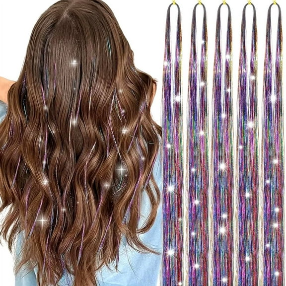 Hair Tinsel 38 Inch 1200 Strands Glitter Tinsel Hair Extensions Sparkling Shiny Hair Tinsel Strands Heat Resistant for Women Girls 6packs/set (Rainbow)