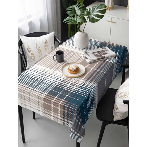 Blue Brown Plaid Tablecloth Rectangle Table Cloth 60x120, Waterproof Tablecloth Outdoor Table Cloth, Modern Abstract Striped Gingham Checked Washable Table Cover for Kitchen Dinning Party