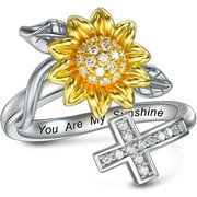 AOBOCO Sunflower Cross Ring 925 Sterling Silver You are My Sunshine Adjustable Size Ring ,Size 5-9