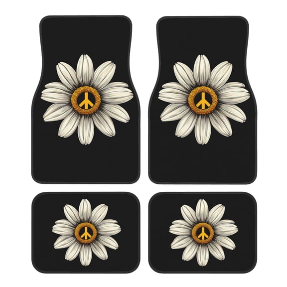 KAKALAD White Daisy Flower Peace Sign Car Floor Mats 4PC Set Carpet Protection, Universal Fit for Car SUV VA & Truck, Vehicle Front & Rear