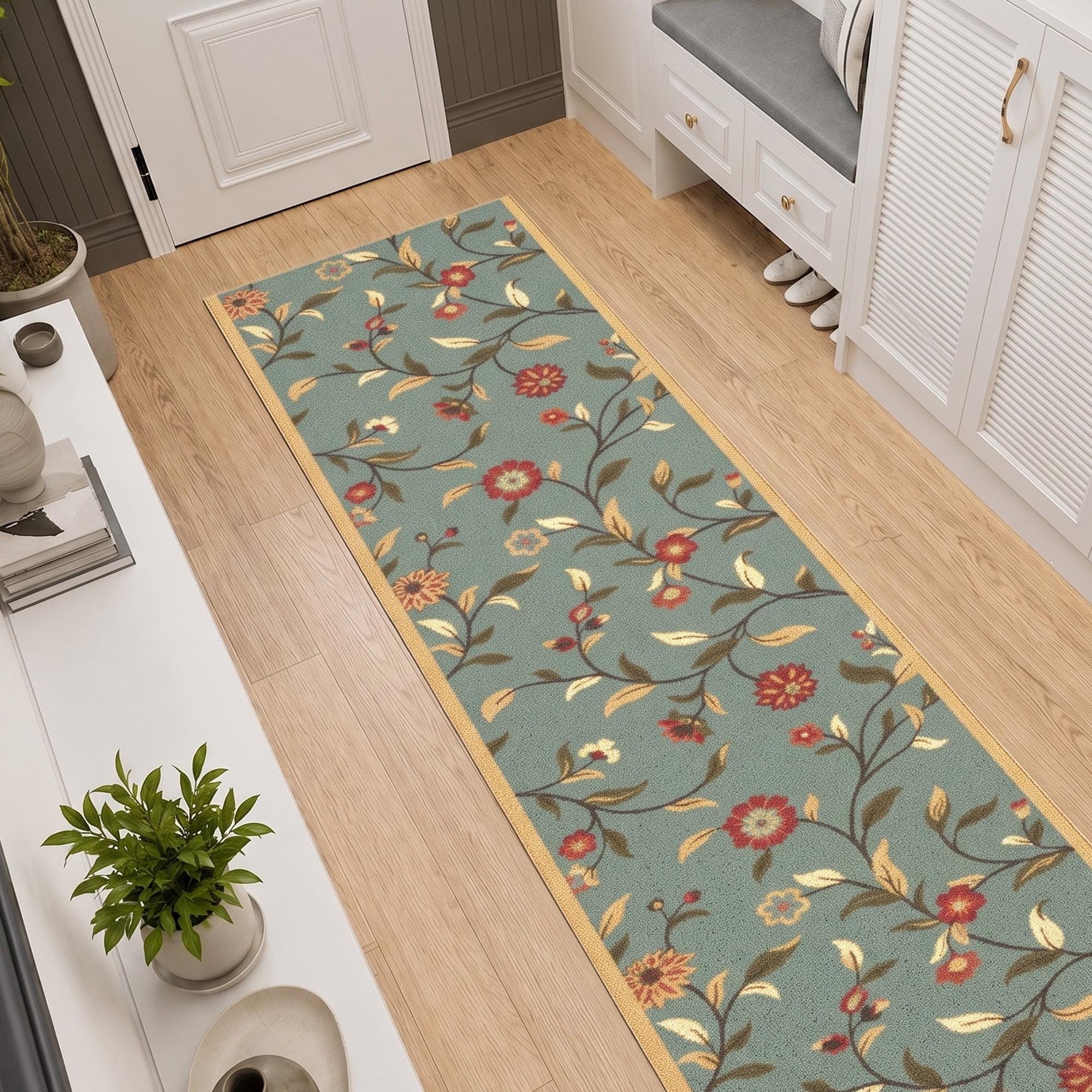 Ottomanson Extra Long Runner Rug 2'7" x 19' – Non-Slip Low Pile Hallway Carpet, Floral Seafoam Green