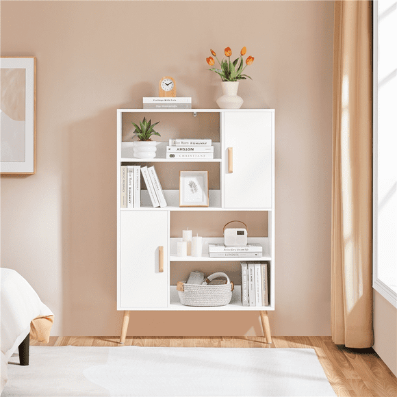 FullFurnique 4-Tier Open Bookshelf with 2 Storage Cabinets, White