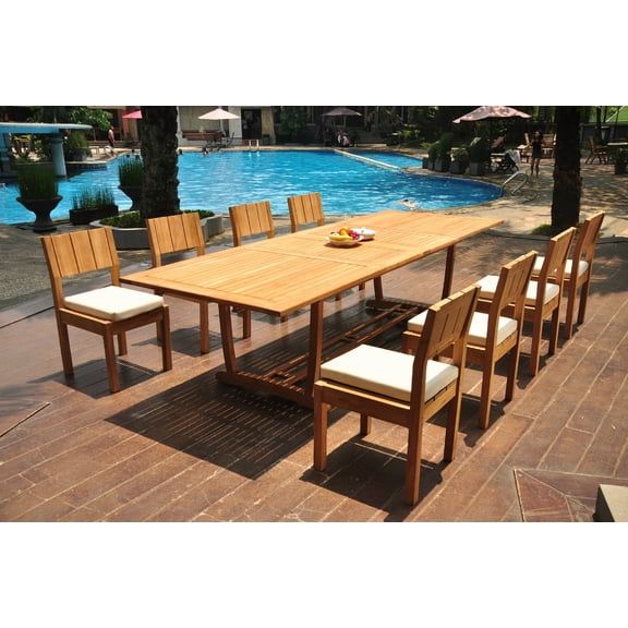 Grade-A Teak Dining Set: 8 Seater 9 Pc: 118" Double Extension Mas Rectangle Trestle Leg Table And 8 Veranda Armless Chairs WholesaleTeak #WMVR89