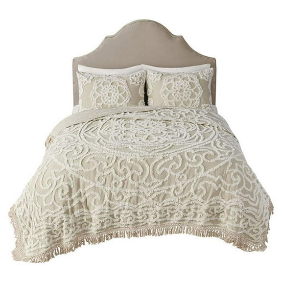Pemberly Row 100 Percent Cotton Tufted Coverlet Set in Beige
