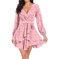 thumbnail image 4 of Aiyino Women's Dress Deep V-Neck Long Sleeve Waist Tie Ruffle Mini Swing Skater Dresses,Floral Pink, 4 of 7