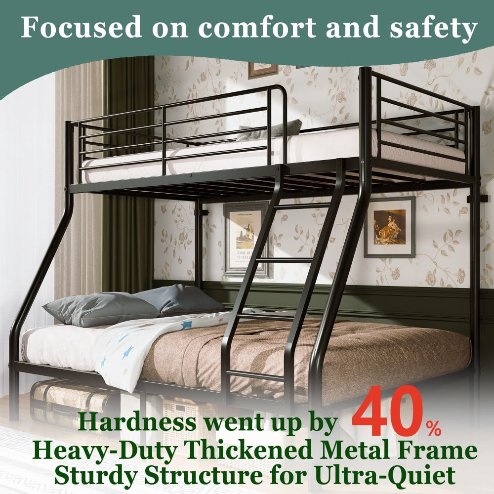 Twin Over Full Bunk Bed, Heavy Duty Metal Bunk Beds with Long Guardrail & Slanted Ladder, 650/750 lbs Capacity, Space Saving, No Box Spring, Black