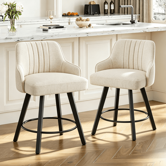 Ktaxon Modern 24in Bar Stools Set of 2, Swivel Barstool with Thick Padded Backrest and Wood Legs, Bar Height Bar Chairs 2 PCS for Kitchen Island, Home Bar, Breakfast Counter, Beige