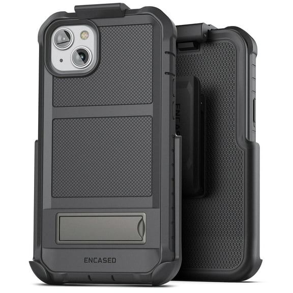 Encased Falcon Kickstand for iPhone 14 Case Belt Clip with Built-in Screen Protector, Full-Body Rugged Phone Holster (2022 Release) - Black
