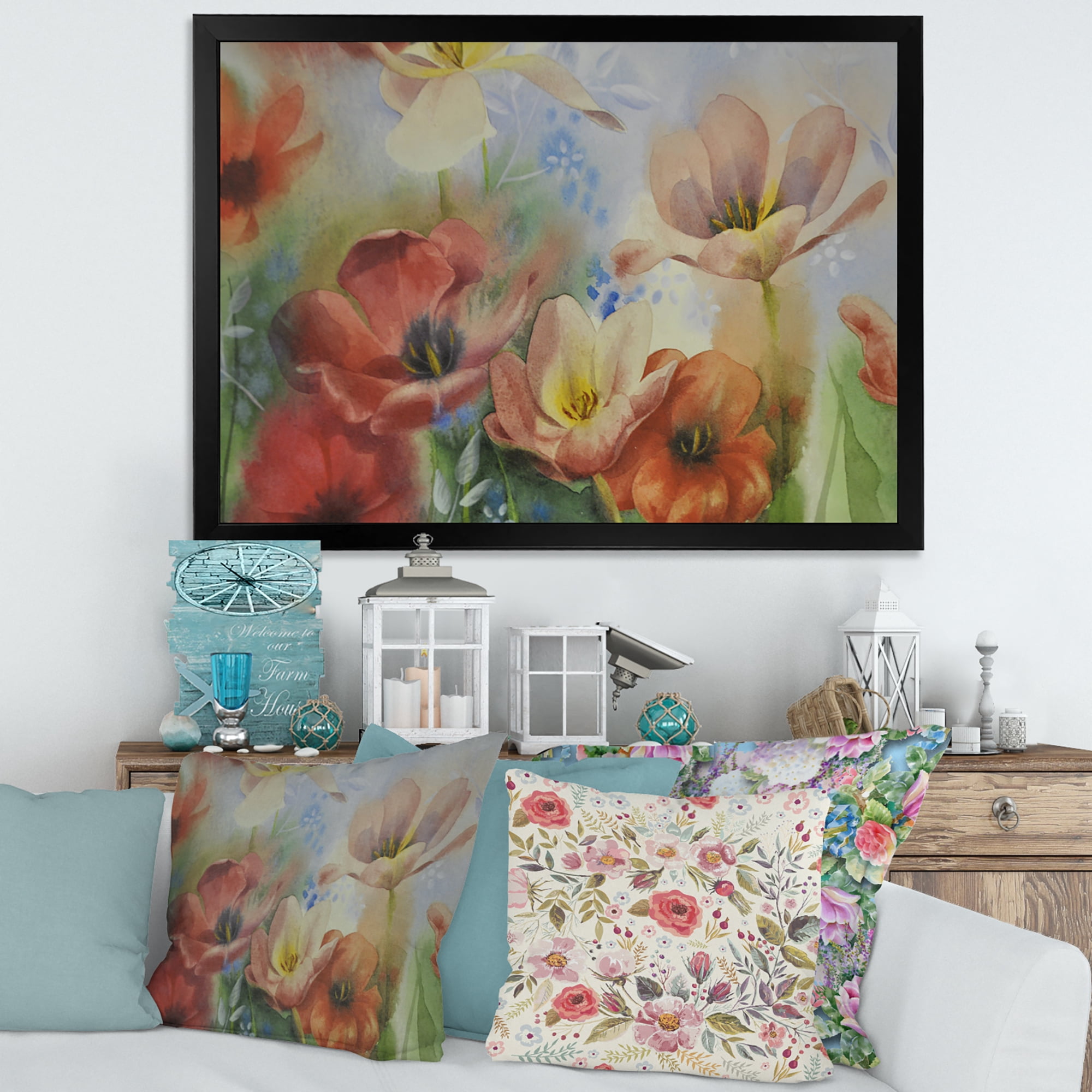Designart 'Ancient Flowers In Dark Pastel Colours' Traditional Framed Art Print