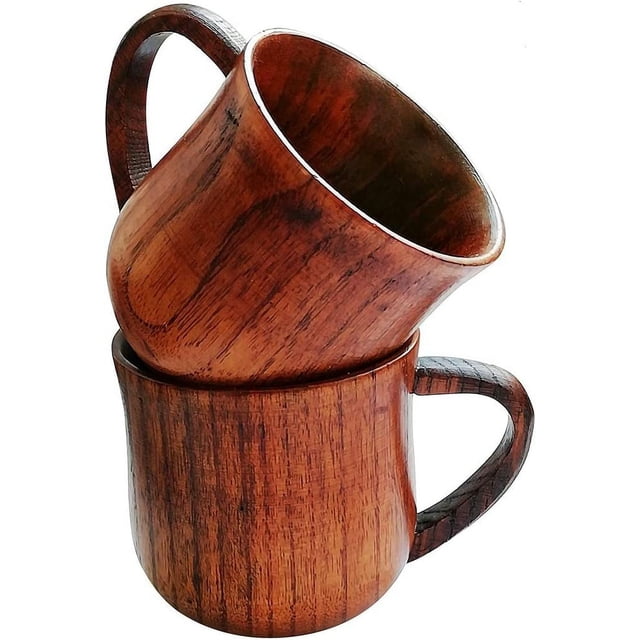 Nvzi Natural Solid Wooden Tea Cup Set, Elegant Japanese Jujube-Wood Coffee Mug Handcrafted Small Desk Cup With Handle (2 Pcs)