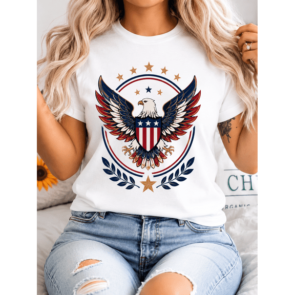 Women's USA Patriotic Eagle Graphic Tee, American Flag Print Short Sleeve Crewneck T-Shirt