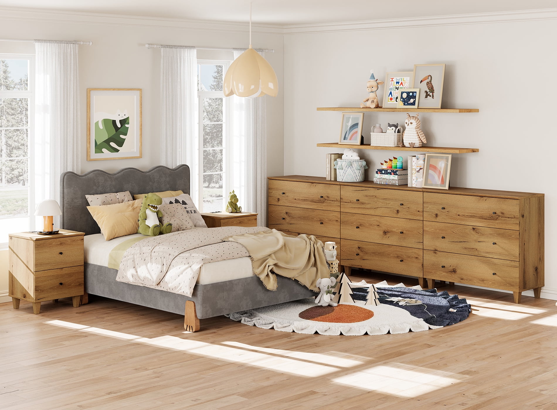 WAMPAT Dresser and Nightstands Set of 5, Wood Dressers with 9 Drawers, 2 Pieces Nightstands with Charging Stations for Living Room, Dark Brown Wood