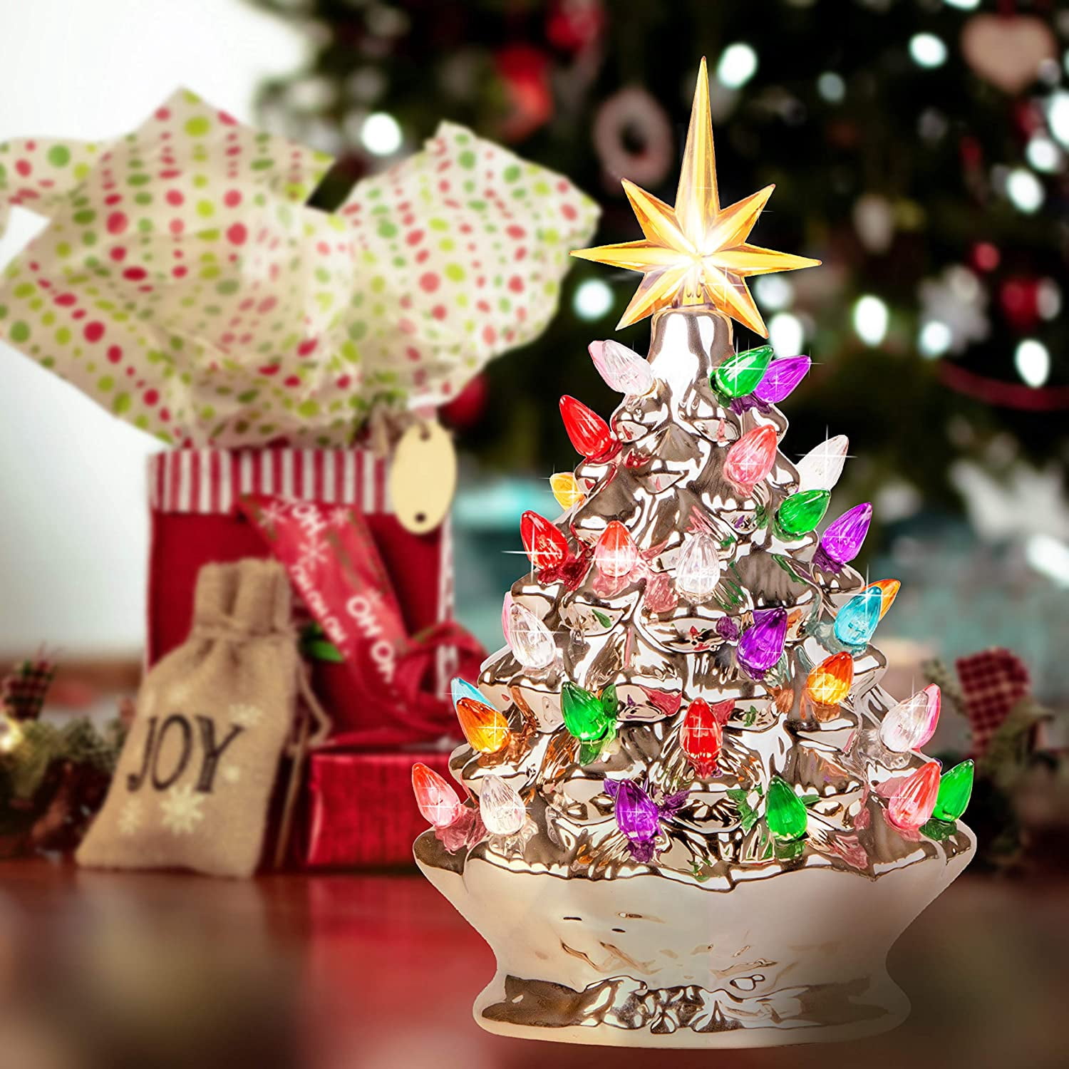 RJ Legend 9-Inch Ceramic Champagne Gold Christmas Tree Decoration – For Indoor & Outdoor Use - 35+ Multicolor LED Bulbs Christmas Tree – Handcrafted & Hand Painted – Glossy Premium Finish