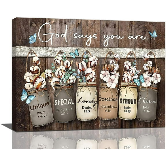 Farmhouse Wall Decor Cotton Flowers Bathroom Decor Rustic Christian god says you are Pictures Canvas Prints Butterfly Home Decorations For Bathroom Kitchen Living Room Bedroom Framed 16"x12"