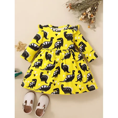 

Girls Casual Cartoon Dinosaur Long Sleeve Dress