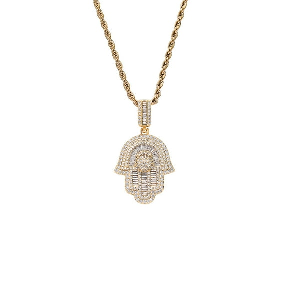 Hip Hop Jewelry Micro Iced Out Baguette CZ Hamsa Hand 14K Yellow Gold Pendant Chain Necklaces for Men Women