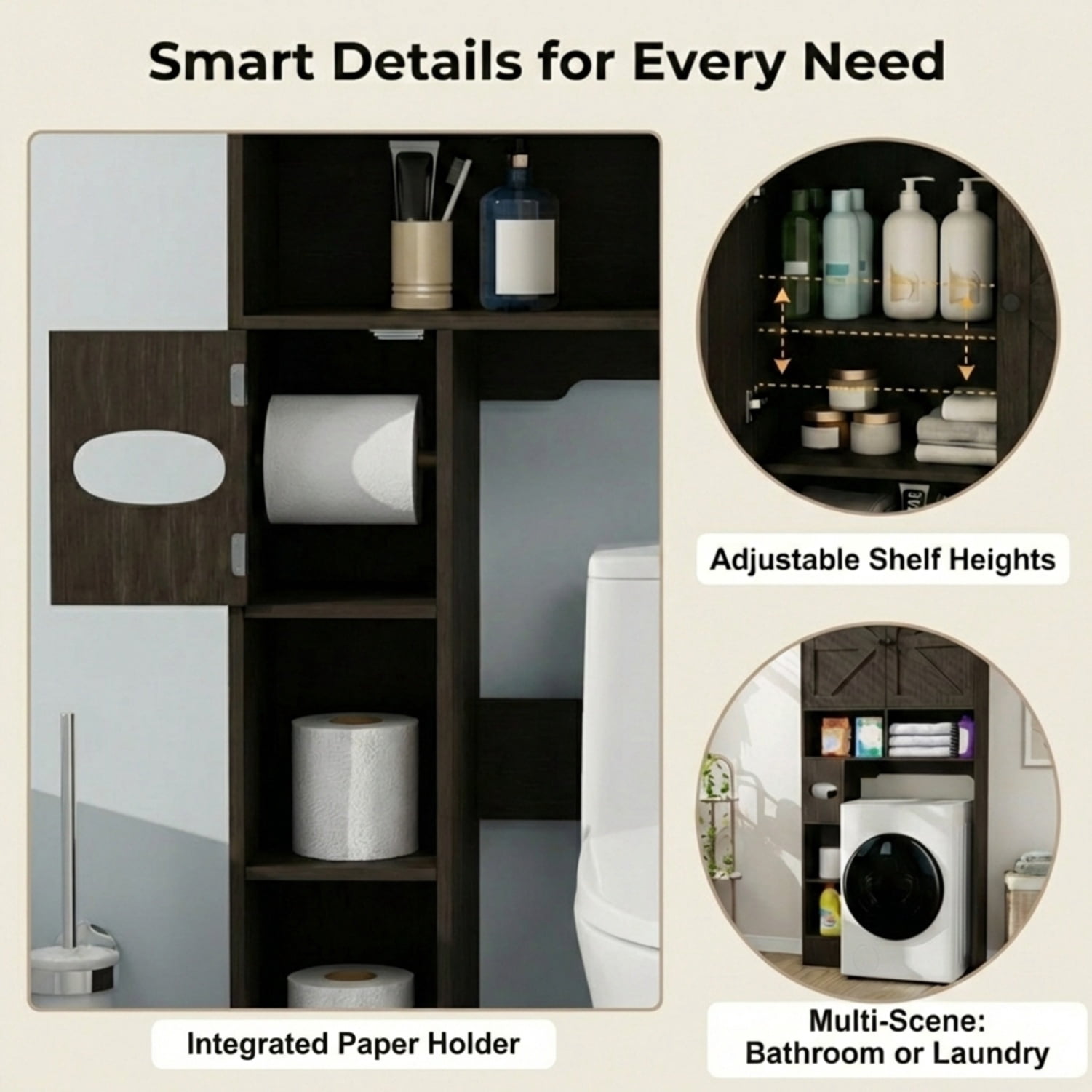 Over The Toilet Storage Cabinet, Rustic Oak Bathroom Organizer with Reversible Side Shelves, 32.3"W Farmhouse Above Toilet Cabinet