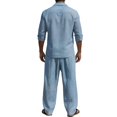 thumbnail image 5 of LTTVQM Breathable Lightweight Plain Solid Cotton Linen Two Piece Outfit for Men Camp Collar Long Sleeve Shirt Wide Leg Pants Daily Beach Holiday Suit Light Blue 2XL, 5 of 7