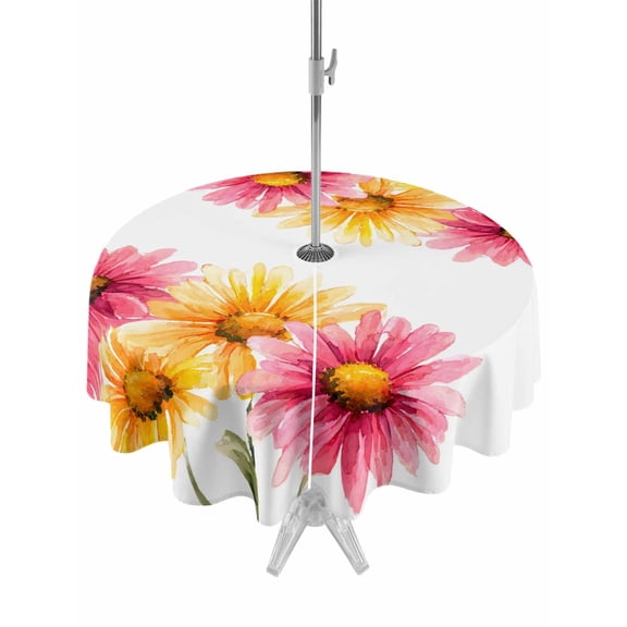 Outdoor Tablecloth with Umbrella Hole for Patio/Picnic/Party/Camping, Red Yellow Floral Waterproof Table Cloth Round Cover Washable, Summer Spring Flowers Garden Aesthetic (Dia 54")