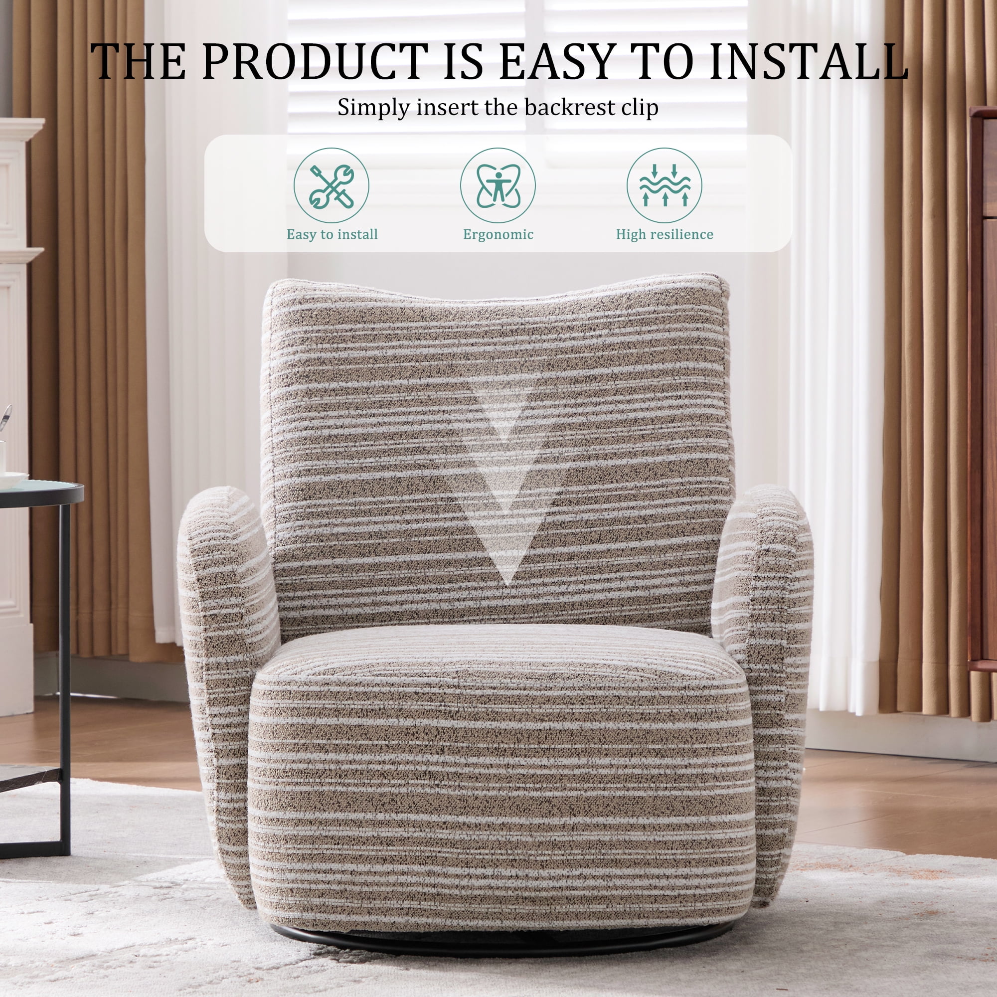 MOONMISS Boucle Upholstered 360°Swivel Fabric Striped Armrest Leisure Chair for Living room-Khaki