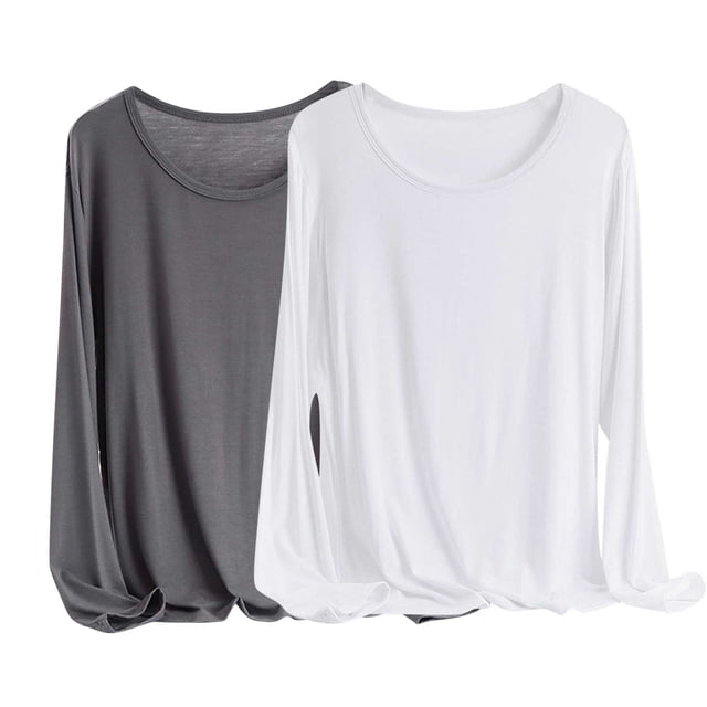 Timegard Plus Size Tops for Women 2pc Round Neck Lightweight Comfy Solid Color Loungewear Long Sleeve Top