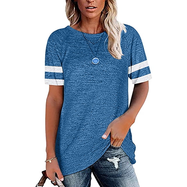 Camisetas de manga corta para mujer, blusa informal de verano con contraste de Color suelto, blusa de manga corta con cuello redondo para mujer, Tops azul M