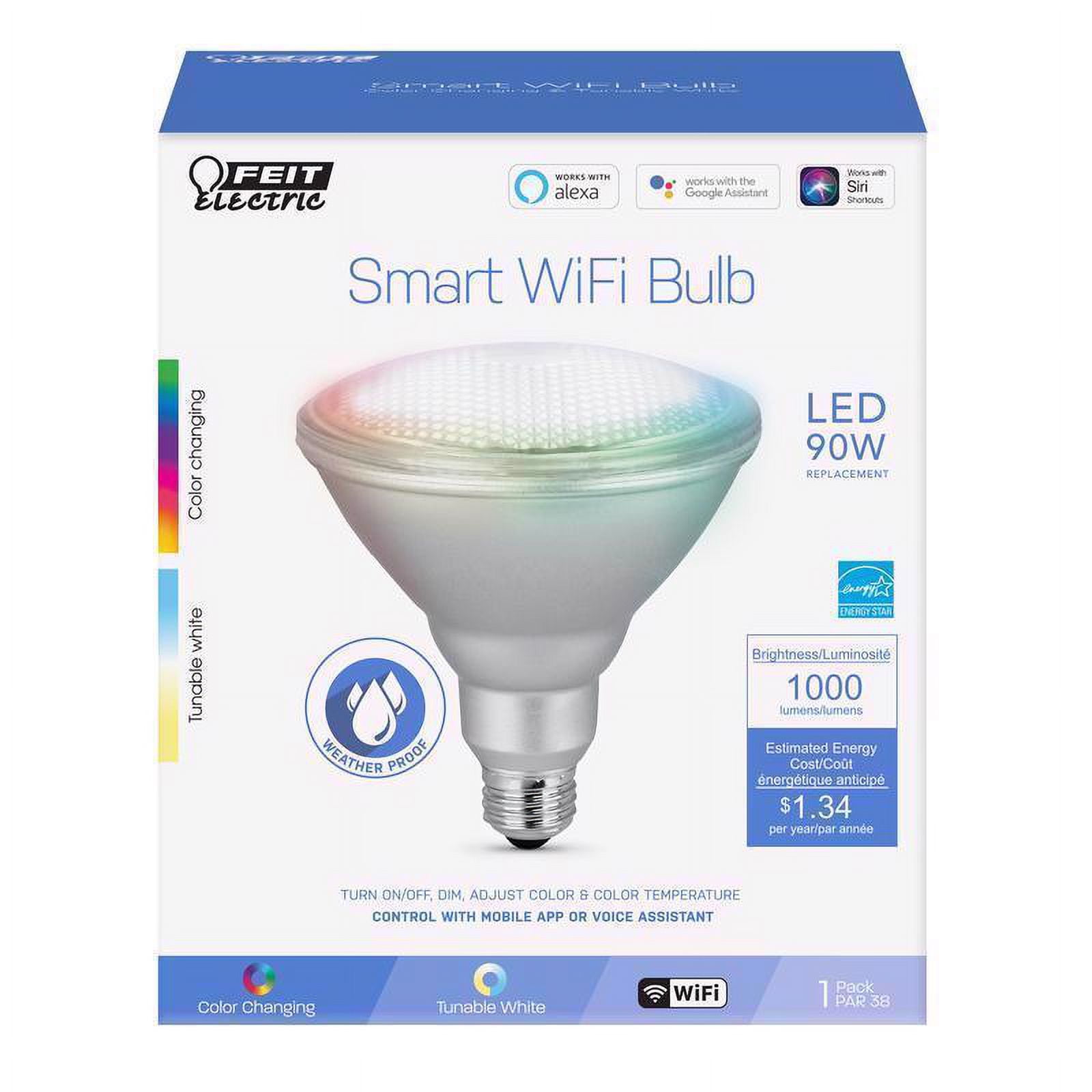 Feit Electric Smart LED Bulb 11.1W (90W Equivalent) Color Changing, PAR38, Medium (E26) Base, Dimmable Light Bulb, 1Pk