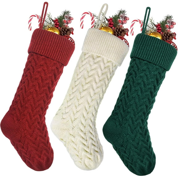 Christmas Stockings, 3 Pack 18 Inches Knit Large Size Stocking Gifts & Decorations for Family Holiday Xmas Party, Burgundy&Ivory White and Green