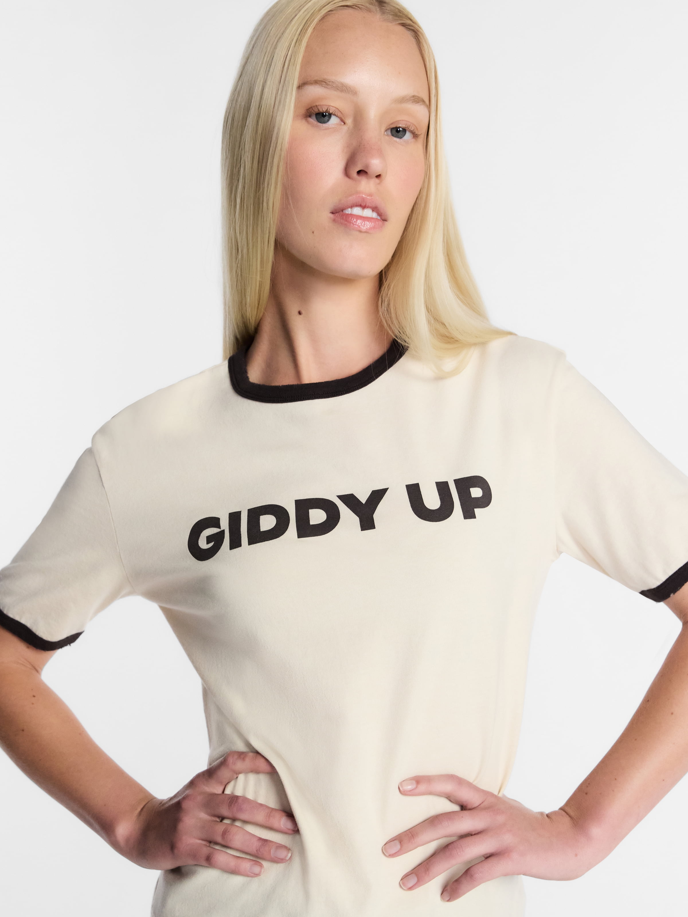 Kacey Lee Women's Giddy Up Graphic Ringer Tee with Short Sleeves, Sizes XXS-XXL