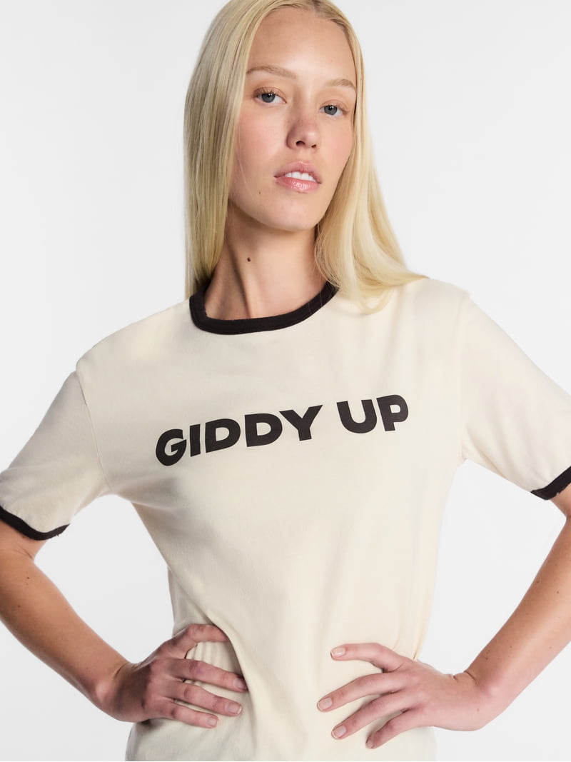 Kacey Lee Women's Giddy Up Graphic Ringer Tee with Short Sleeves