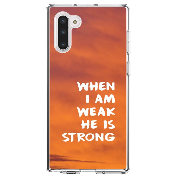 DistinctInk Clear Shockproof Hybrid Case for Samsung Galaxy Note 10 (6.3" Screen) - TPU Bumper, Acrylic Back, Tempered Glass Screen Protector - When I Am Weak, He Is Strong - Christ