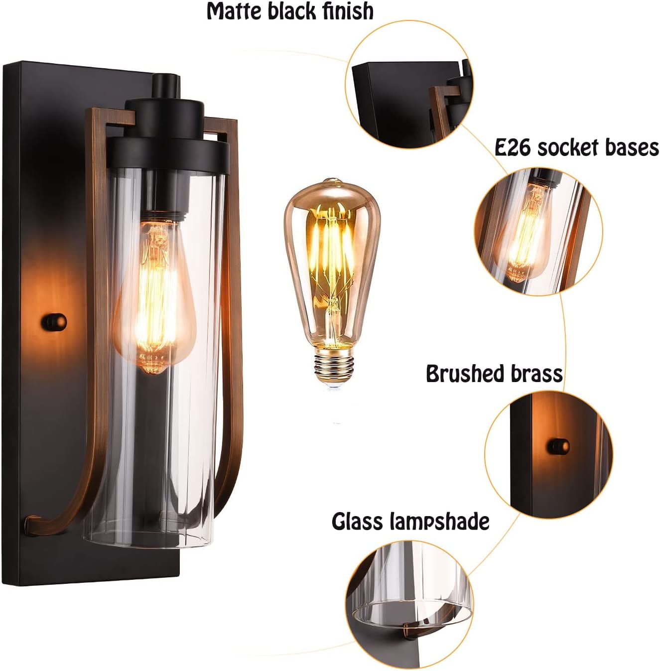 Modern Farmhouse Wall Light Fixture Wall Sconce, Outdoor Black and Gold Aged Brass Exterior Lantern Sconce Lighting, Porch Lights Wall Mount, Bathroom Light Fixtures Wood Grain Finish(E26 Base)