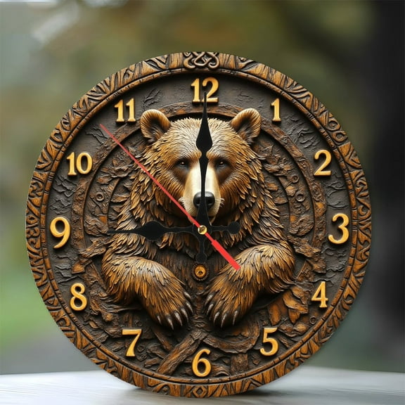 Vintage Bear Clock Wall Decor Handcrafted Design 10-Inch Silent Wooden Wall Clock, Battery Operated (AA Batteries Not Included), Artistic Home Decor