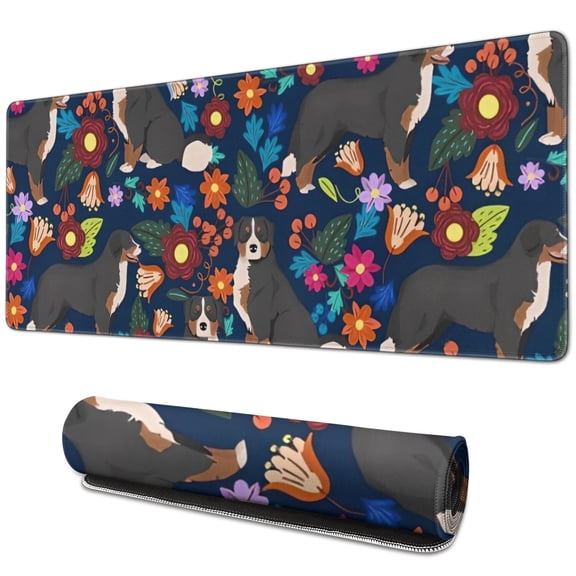 Long Mouse Pads for Desk,Bernese Mountain and Flower Desk Mats on Top Of Desks, Desk Mouse Pad Extra Large with 3mm Non-Slip Base and Stitched Edge for Gaming,Office,Work,Home 31.5"x11.8"