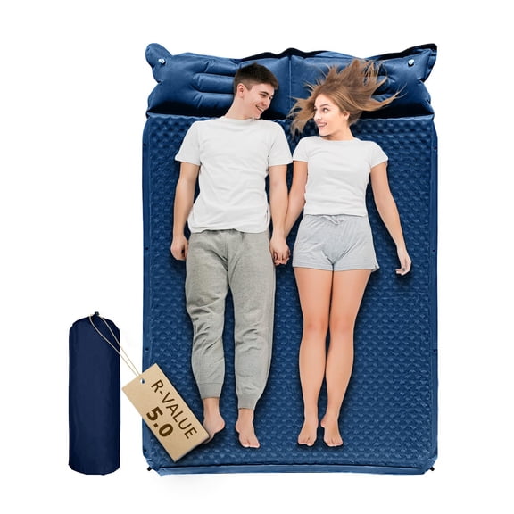 WILD FUN Double Sleeping Pad, 2in Memory Foam Camping Mattress 2 Person with Pillow, 5R Insulated Self Inflating Camping Pad, Air Mattress Inflatable Sleeping Mat for Backpacking,Hiking(Navy Blue)