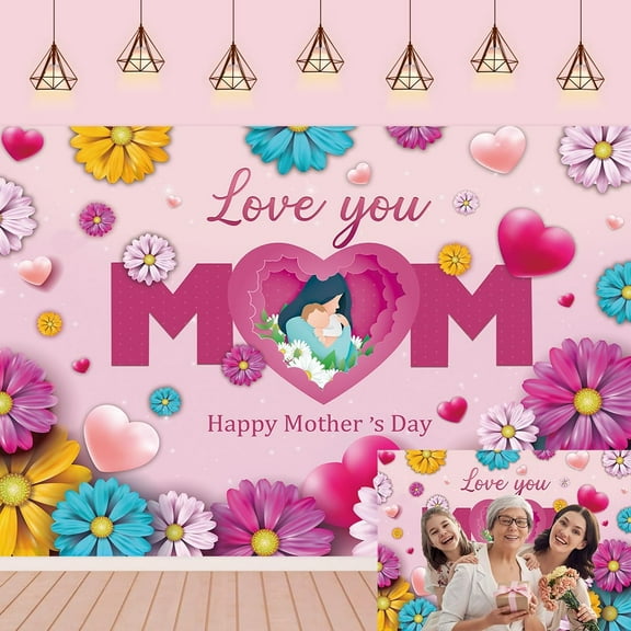 7x5FT Mother's Day Backdrop Pink Floral Mother's Day Background Love You Mom Grandma Festival Party Decoration