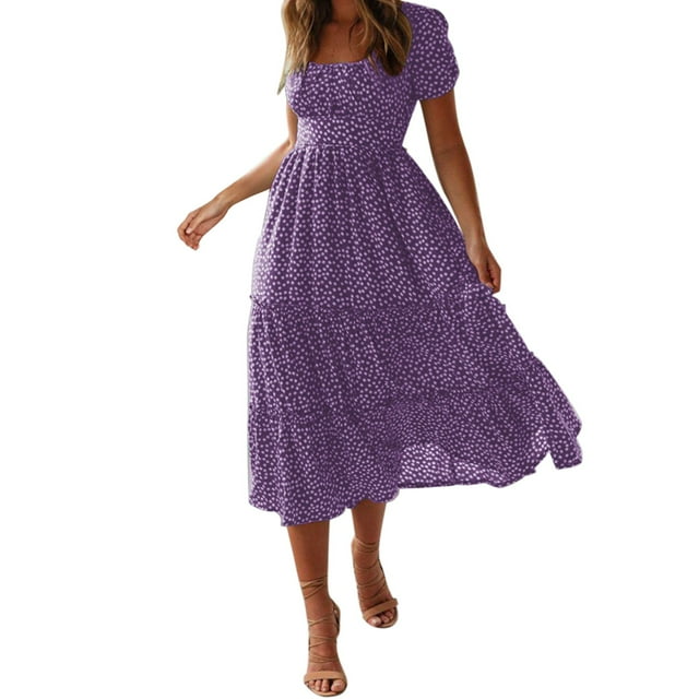 2025 Robe d'Été pour Femmes Robe Évasée pour Femmes Robe Décontractée à Manches Robe à Imprimé Floral Robes pour Femme Décontractées Fluide Midi