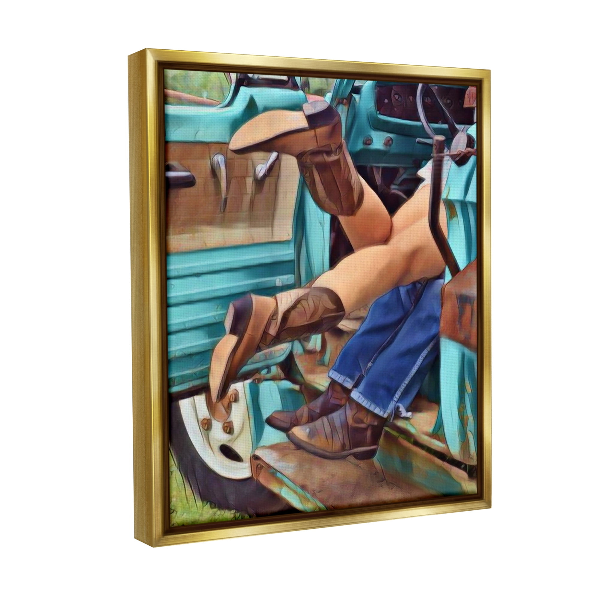 Stupell Industries Country Couple in Truck Transportation Painting Gold Floater Framed Canvas Art Print Wall Art, 17 x 21