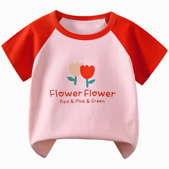 kpoplk Girls Crewneck Short Sleeve Graphic Tees Print Shirts Cute Summer Outfits 5-12 Years(Red,12-24 M)