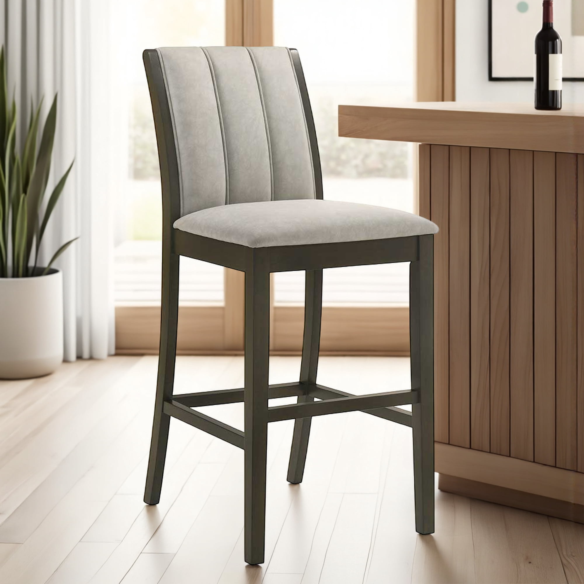 Armen living Nolan 30 in. Dark Roast Bar Height Rubberwood Barstool with Grey Fabric Seat