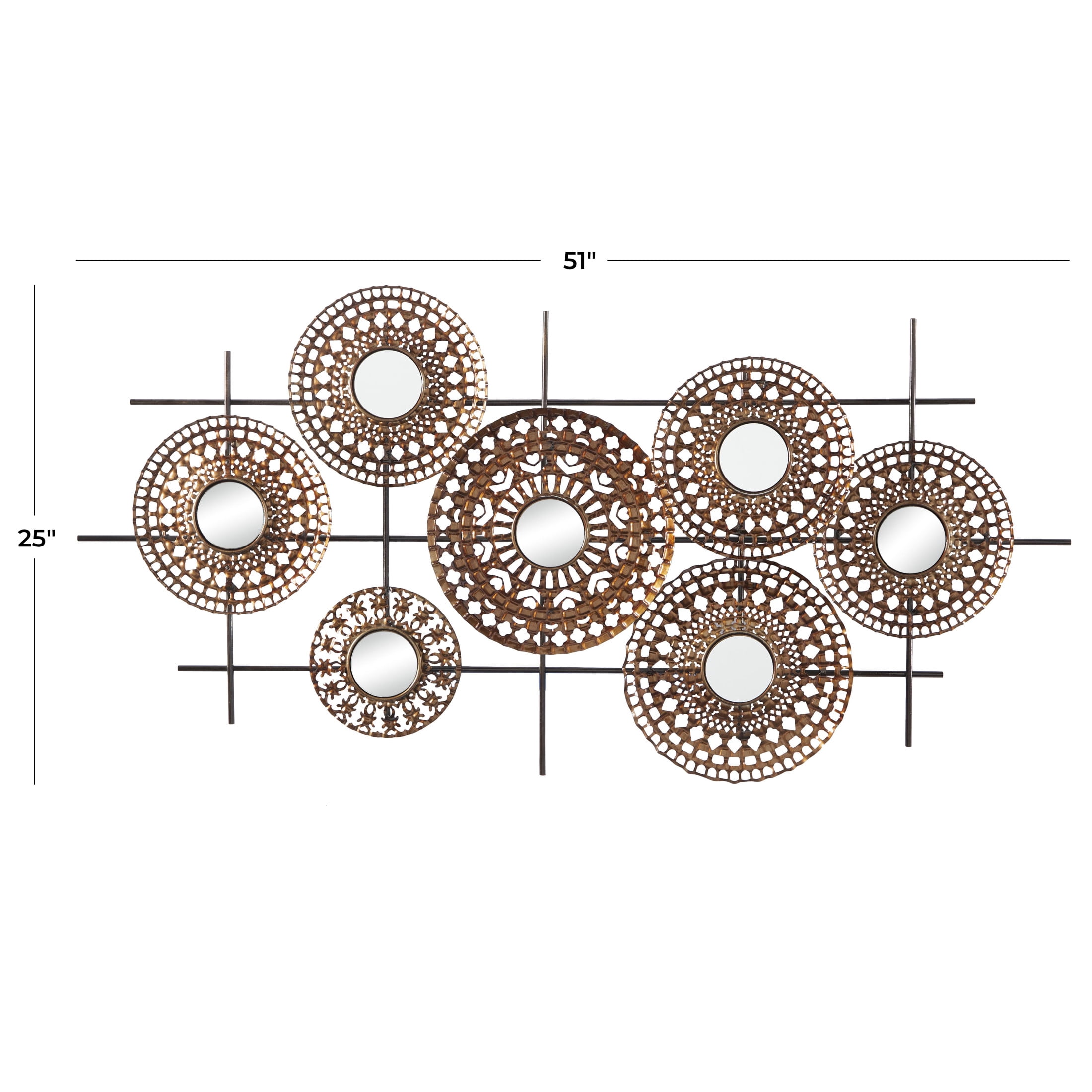 DecMode Bronze Metal Cutout Plate Wall Decor with Round Mirrored Accents and Black Rods