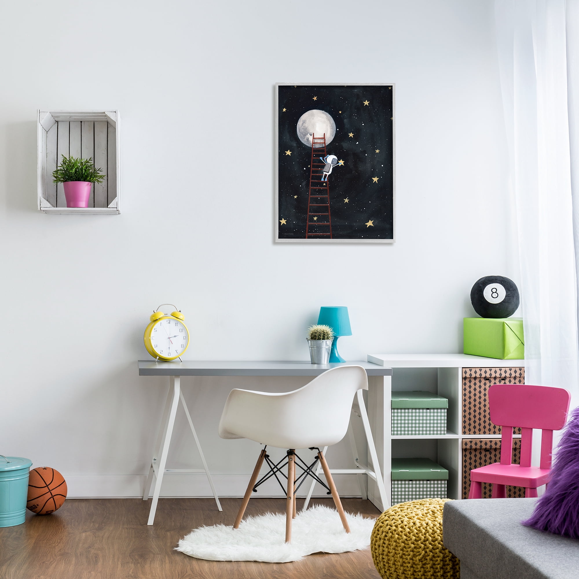 Stupell Industries Astronaut Hanging Stars Outer Space Ladder to Moon Graphic Art Framed Art Print Wall Art, 24x30, By Rachel Nieman