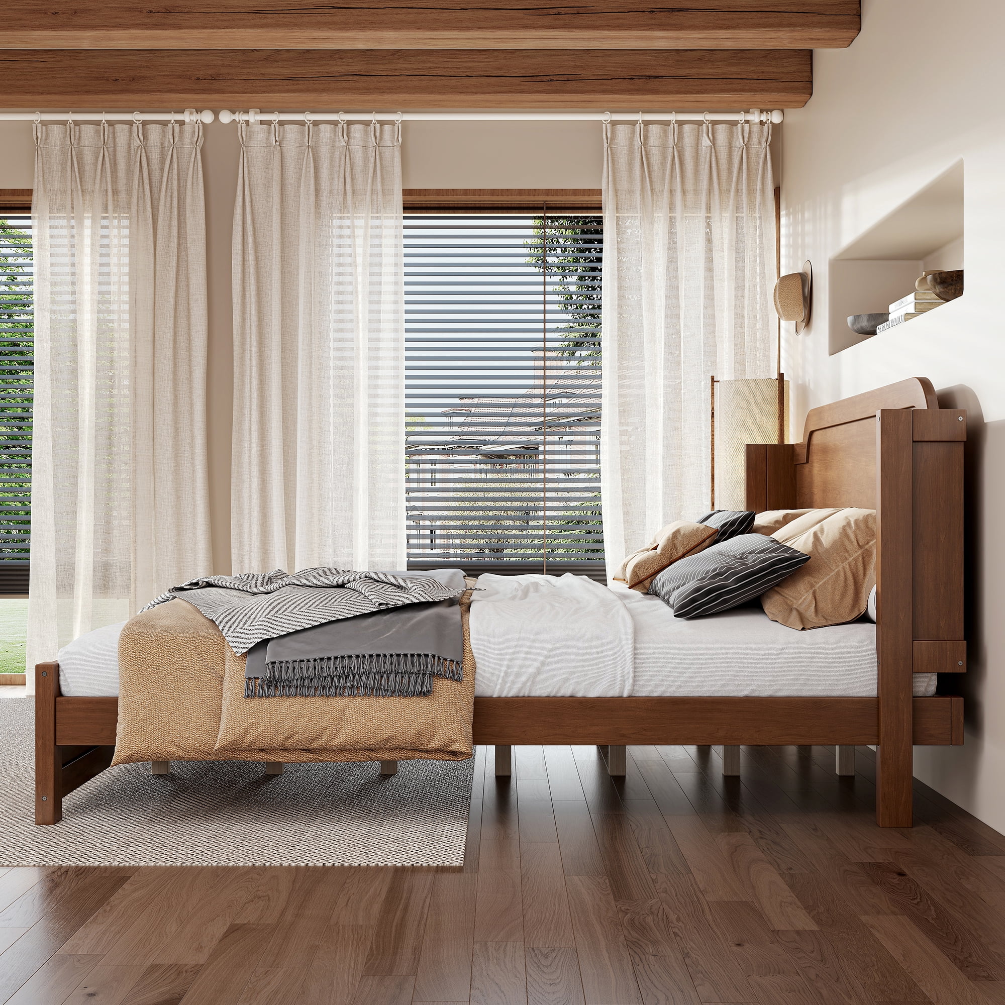 GARITIN King Solid Wood Platform Bed with Headboard, Brown Finish & Minimalist Design, Easy Assembly, No Box Spring Needed Traditional Wood Bed Frame, Brown