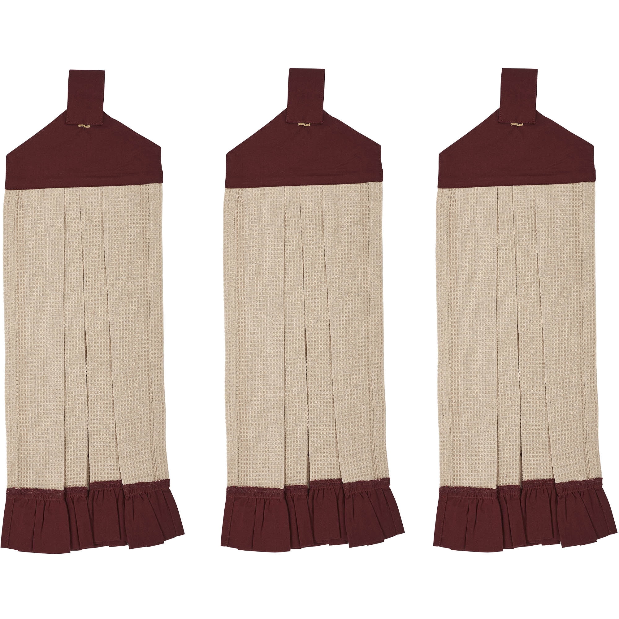 VHC Brands Cotton Connell Button Loop Kitchen Towel Set of 3, Hanging Kitchen Towel, Appliqued, Bath, Kitchen, Connell Collection, Rectangle 21x7, Star, Burgundy