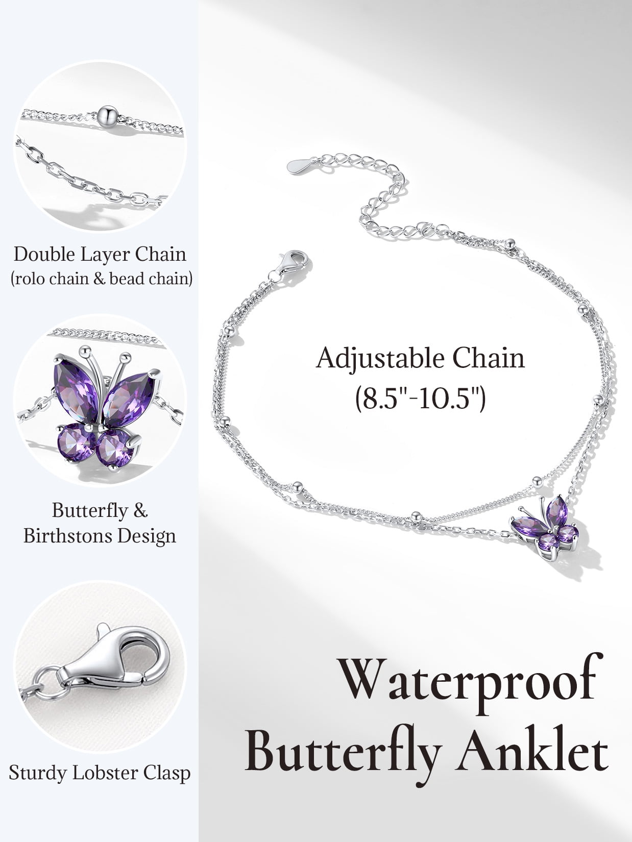 U7 Sterling Silver Anklet Bracelet for Women Butterfly February Birthstone Double Layered Ankle Chain Birthday Daughter Mom Summer Beach Jewelry Gift