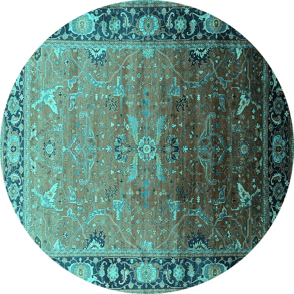 Ahgly Company Machine Washable Indoor Round Oriental Turquoise Blue Industrial Area Rugs, 7' Round