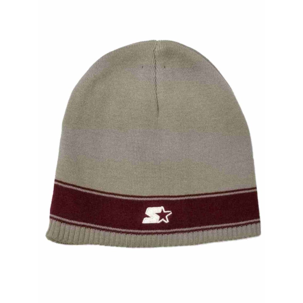 Starter Men's Grey With Maroon Stripe Winter Beanie Stocking Cap Hat