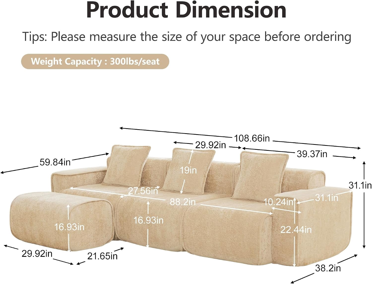 109" 3-Seat Modular U-Shaped Sectional Sofa, Light Camel Velvet with 1 Movable Ottomans & Throw Pillows, No Assembly Required