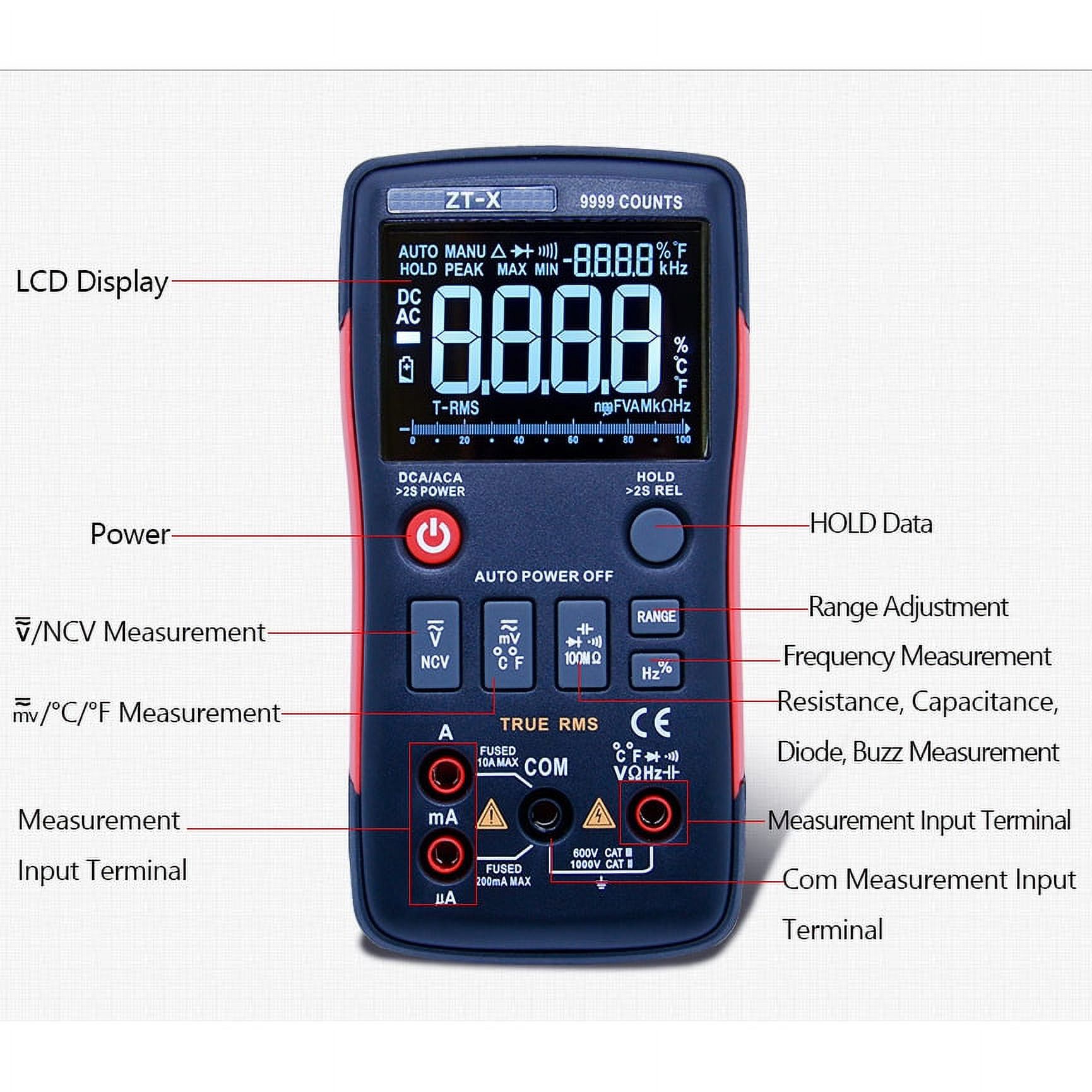 ZT-X Digital Multi-meter with NCV DATA HOLD and Backlit LCD Display