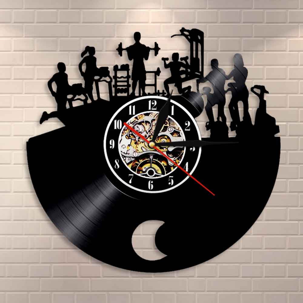 GYM Muscletech Wall Clock Fitness Vintage Vinyl Record Clock
